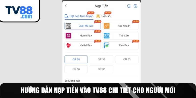 Thực hiện giao dịch nạp tiền tại TV88